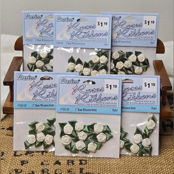 NWT Darice 1" Ivory Roses & Ribbons Floral Embellishments 6 Pack Set 48 Count - Picture 1 of 3